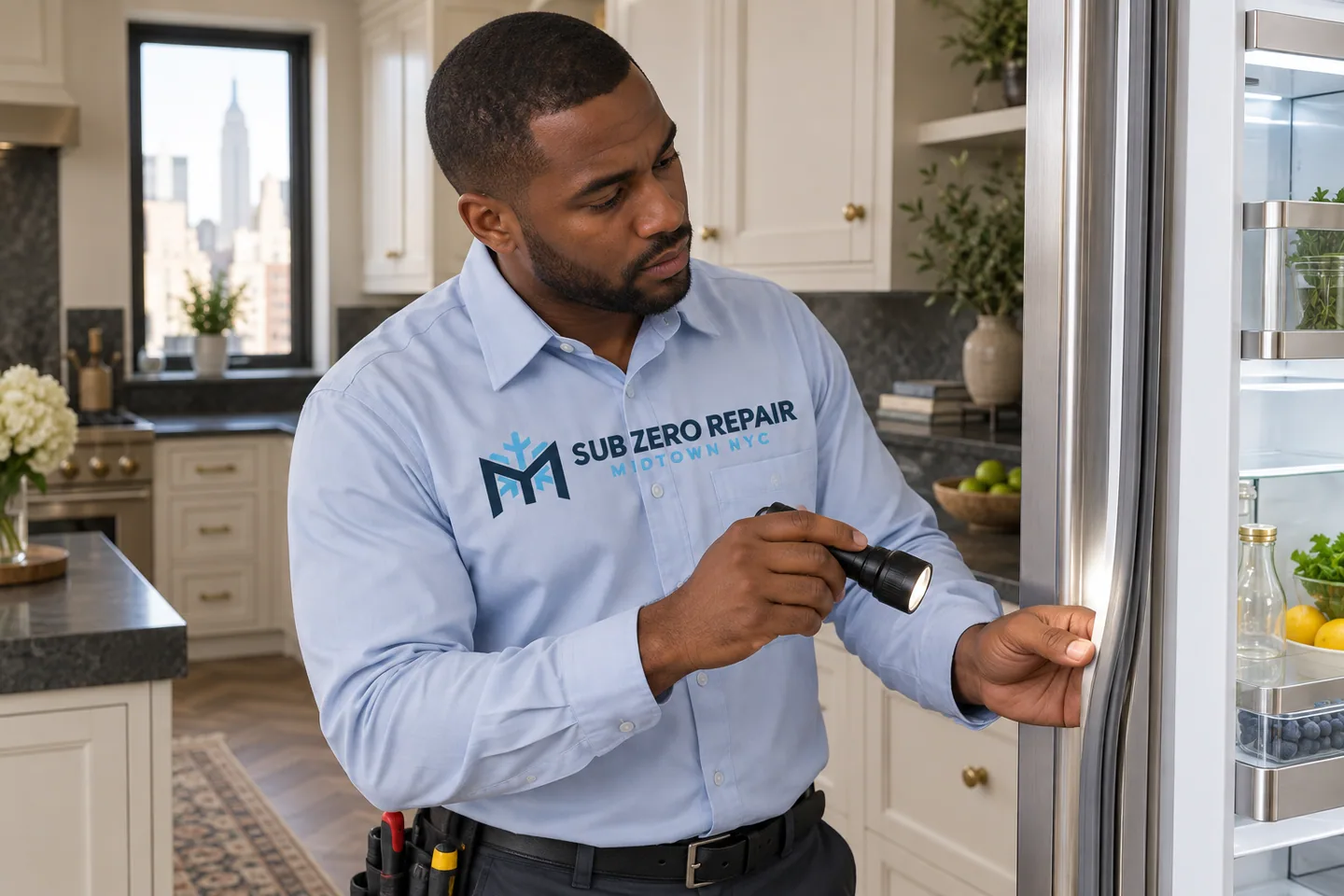 Illustrative technician in a Sub Zero Repair Midtown NYC logo uniform: Thermador Appliance Repair in Midtown Manhattan