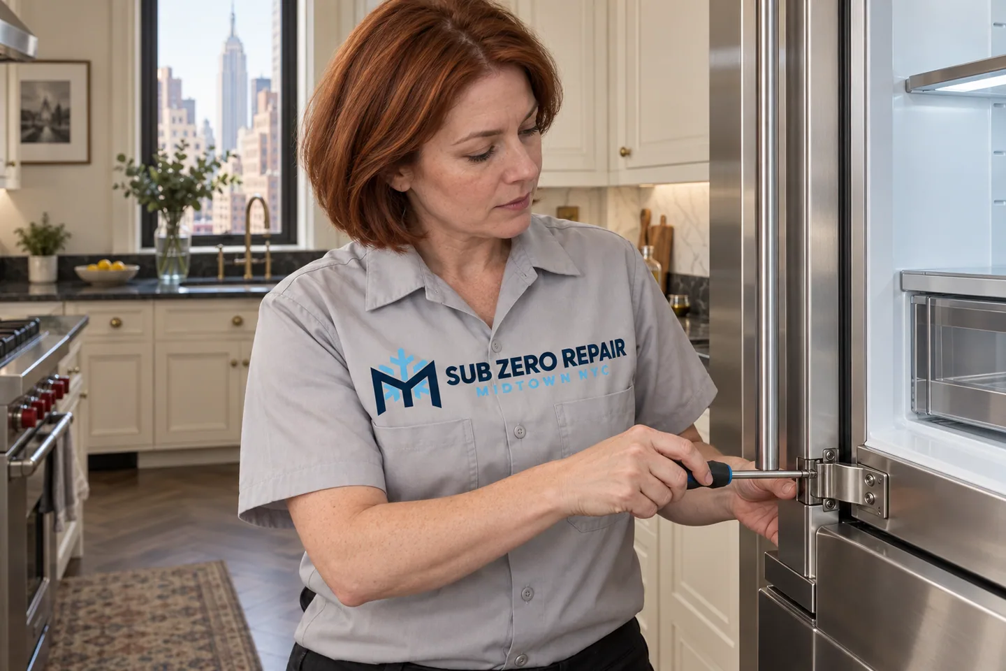 Illustrative technician in a Sub Zero Repair Midtown NYC logo uniform: Viking Appliance Repair in Midtown Manhattan