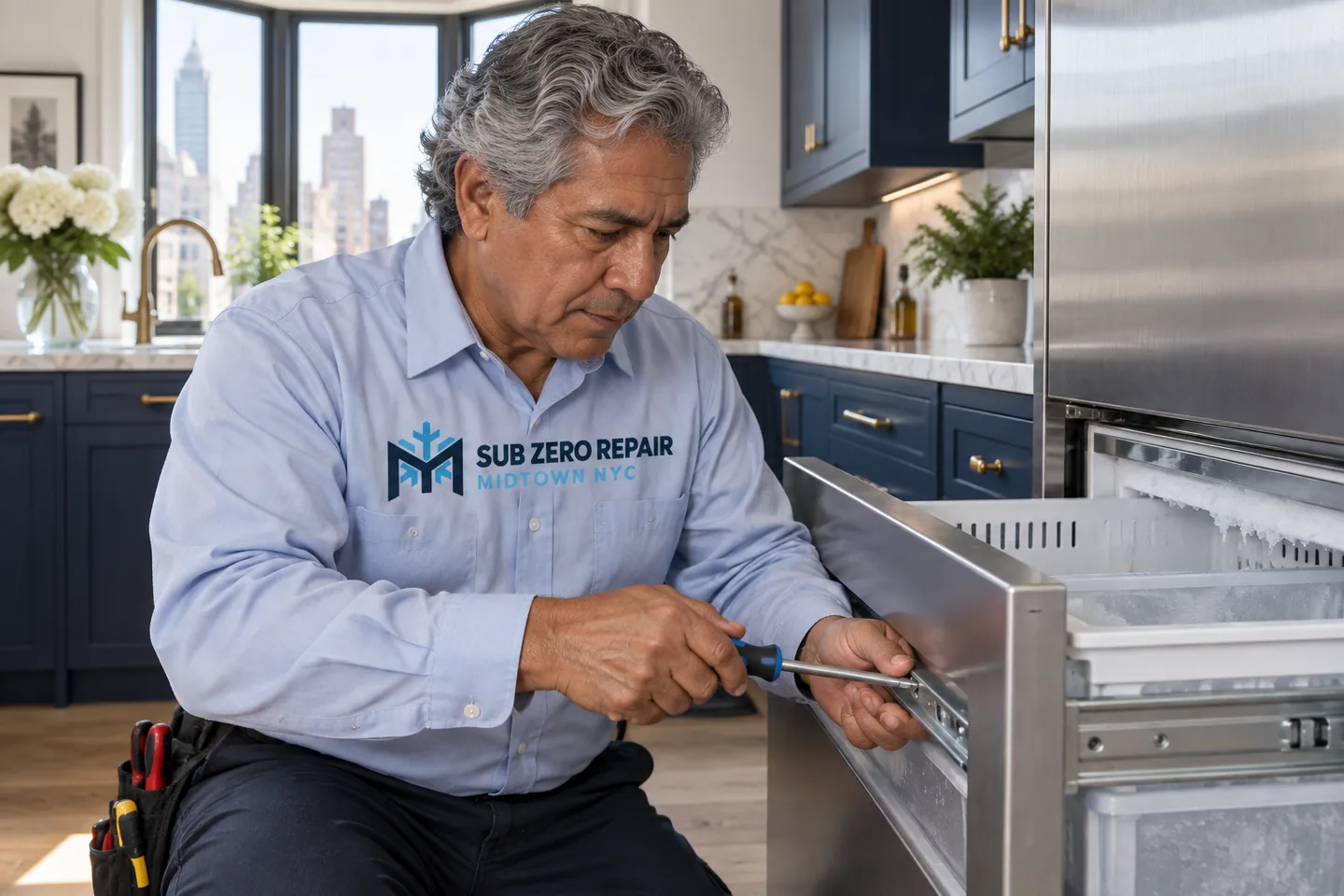 Illustrative technician in a Sub Zero Repair Midtown NYC logo uniform: Sub-Zero Freezer Frost Buildup: What to Note for Service