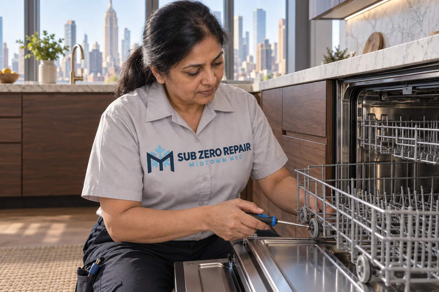 Illustrative technician in a Sub Zero Repair Midtown NYC logo uniform: Thermador Dishwasher Not Draining: What to Note