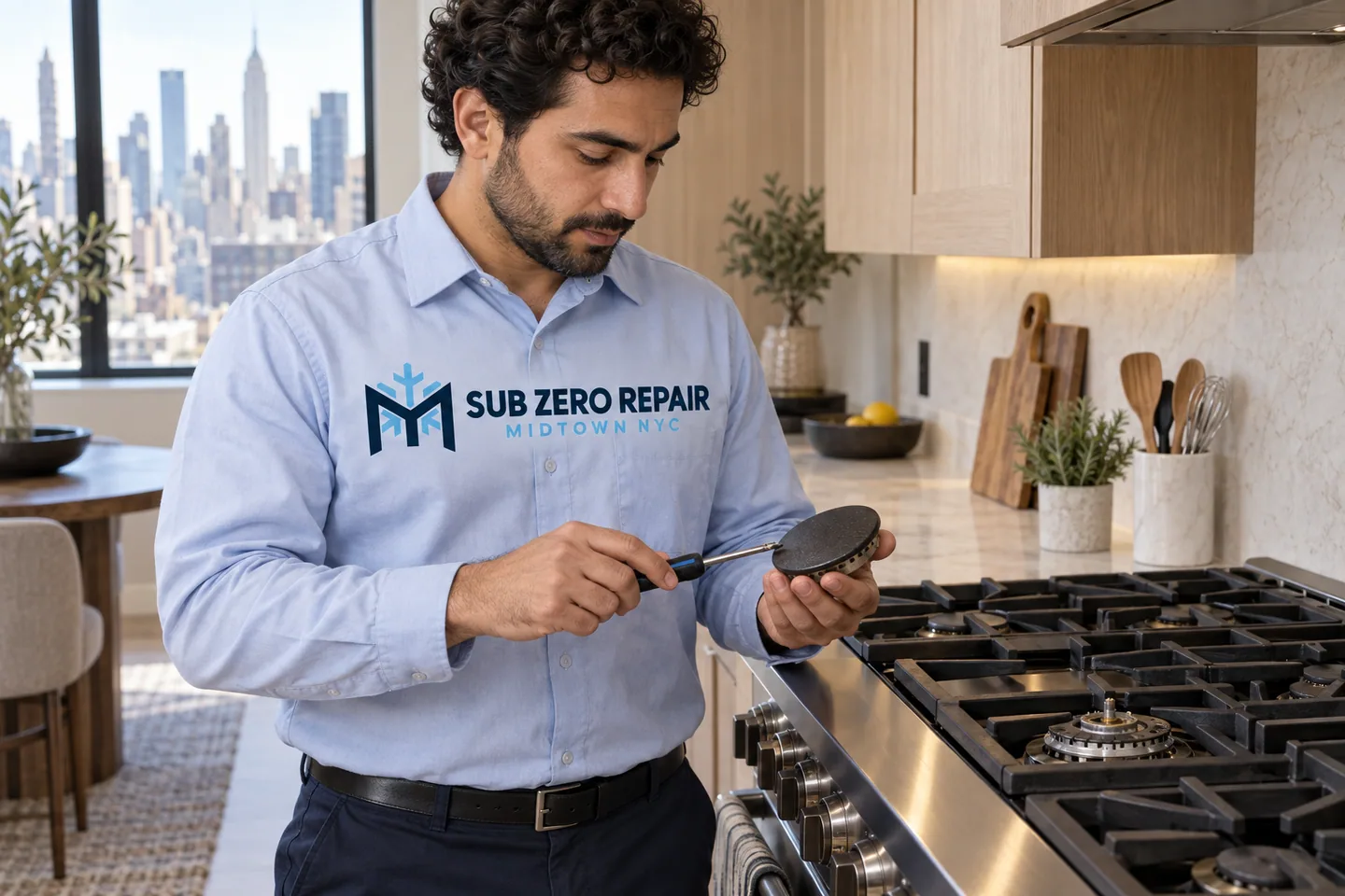 Illustrative technician in a Sub Zero Repair Midtown NYC logo uniform: Viking Range Burner Not Igniting: Service Guidance