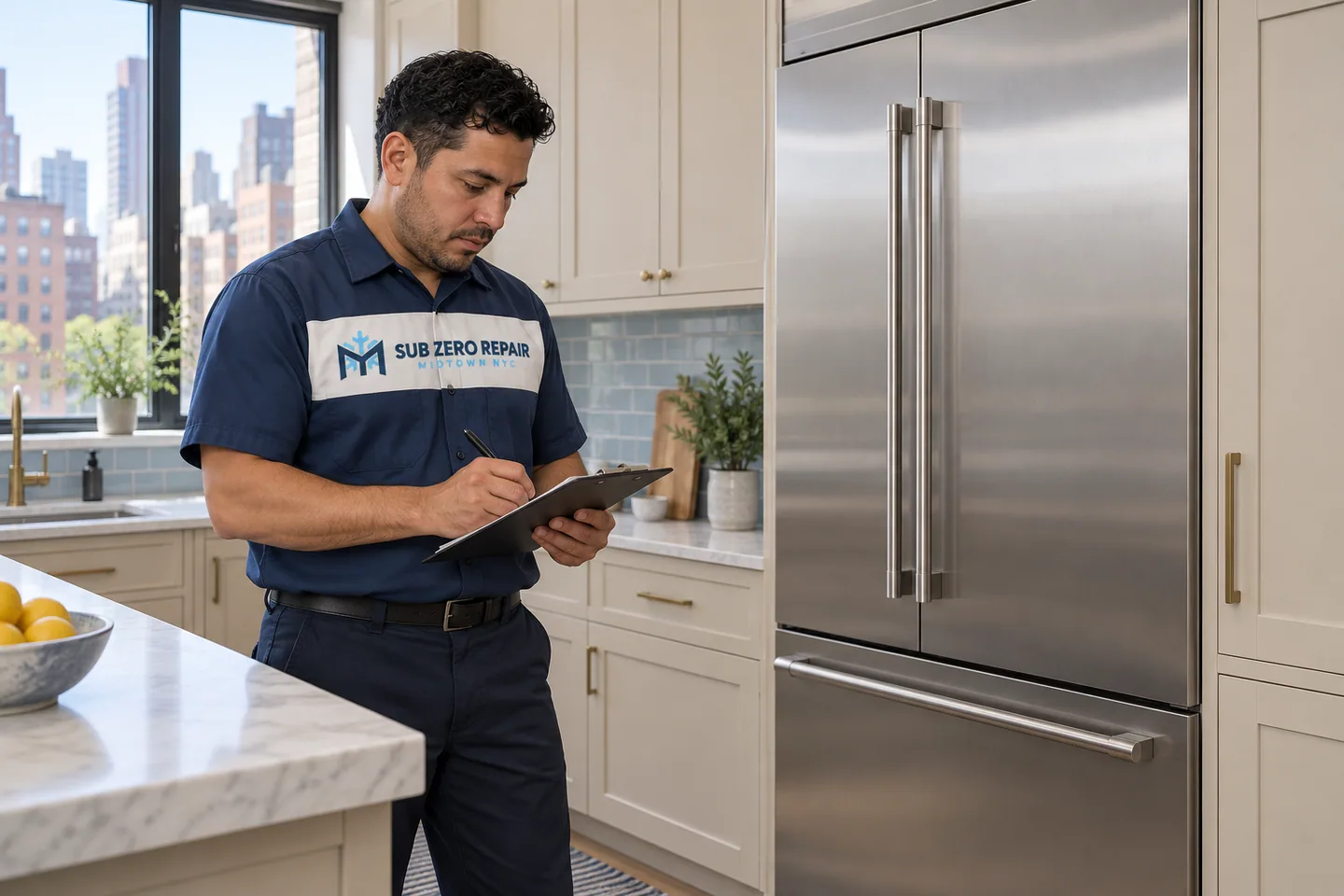 Illustration of a uniformed technician recording notes beside a built-in refrigerator.