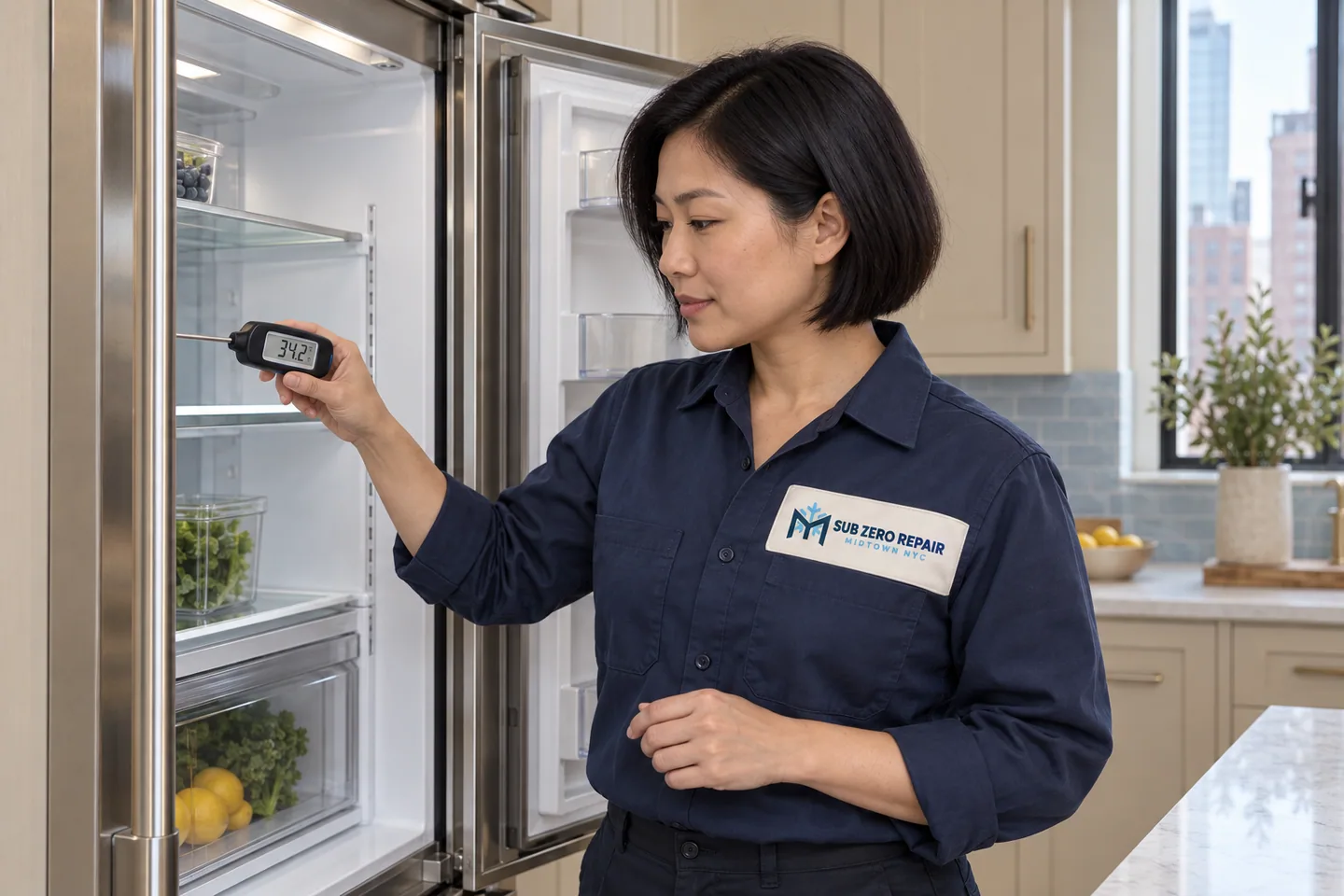 Illustration of a uniformed technician checking a refrigerator with a handheld thermometer.