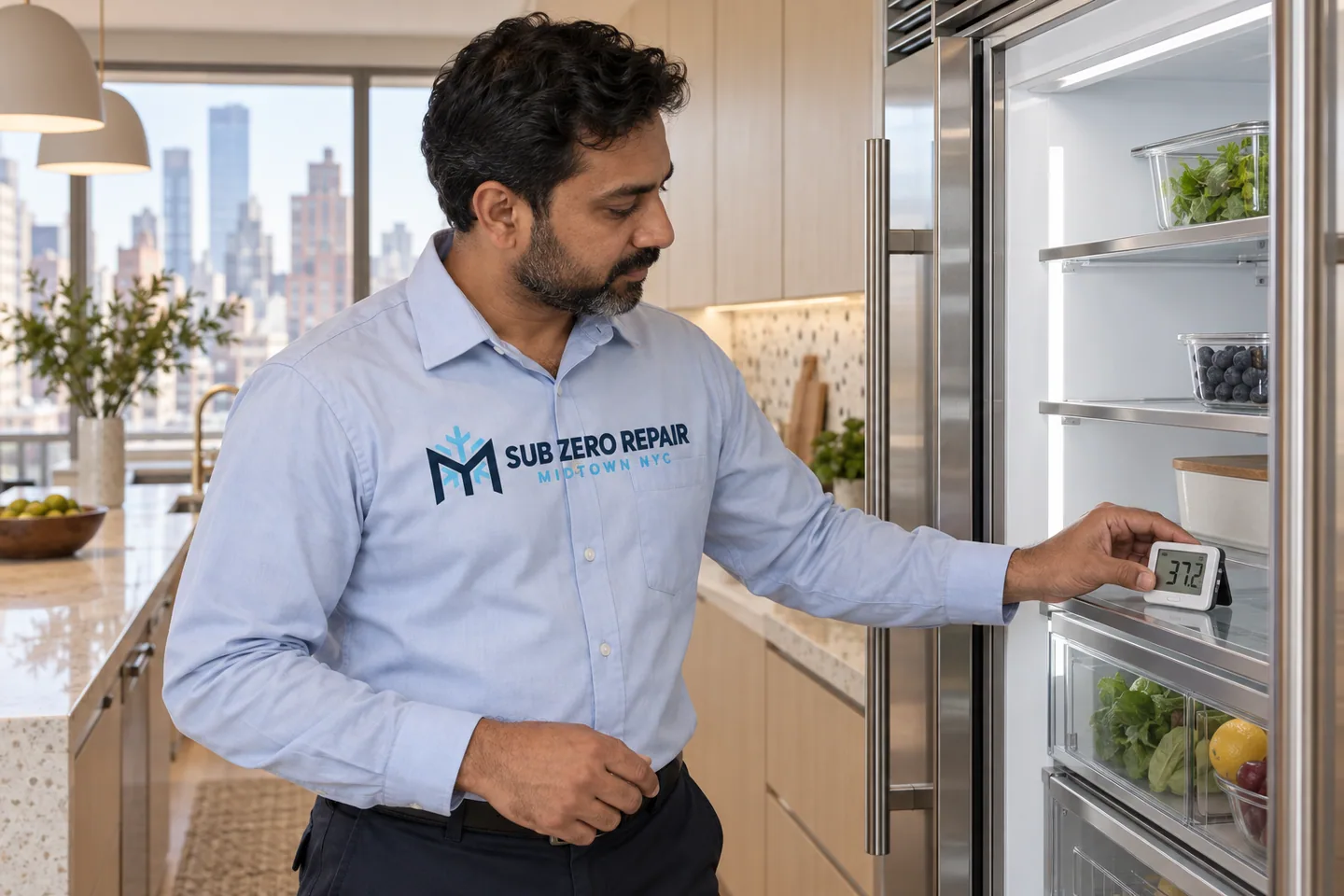 Illustrative technician in a Sub Zero Repair Midtown NYC logo uniform: Sub-Zero Repair in Hell’s Kitchen, Manhattan
