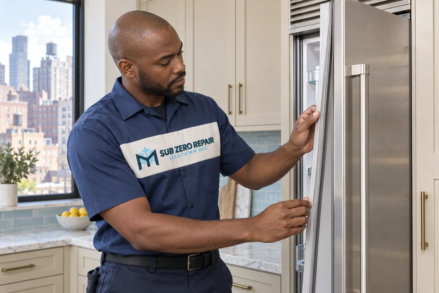 Illustration of a uniformed technician examining a refrigerator door seal.