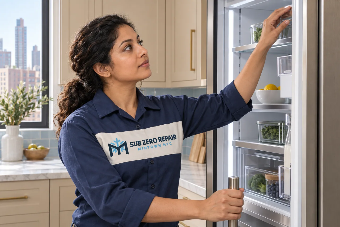 Illustration of a uniformed technician checking an upper refrigerator shelf.