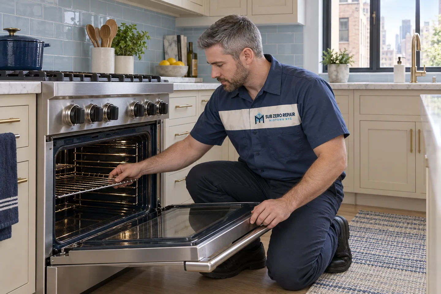 Illustration of a uniformed technician inspecting a rack in an open oven.