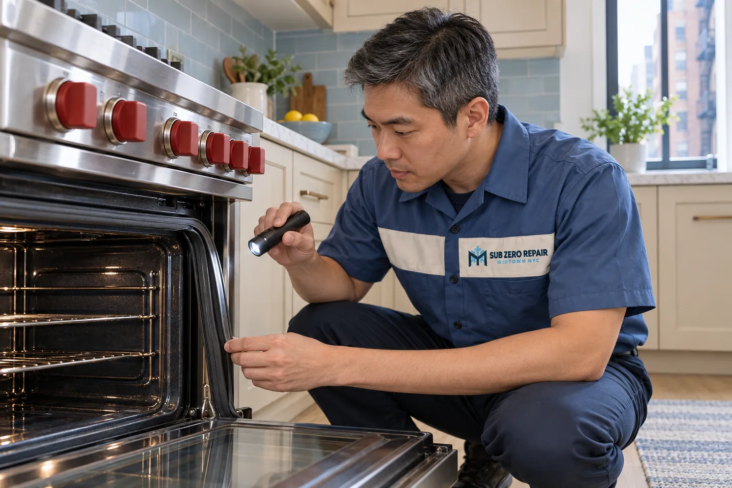 Illustration of a uniformed technician inspecting an open oven with a flashlight.