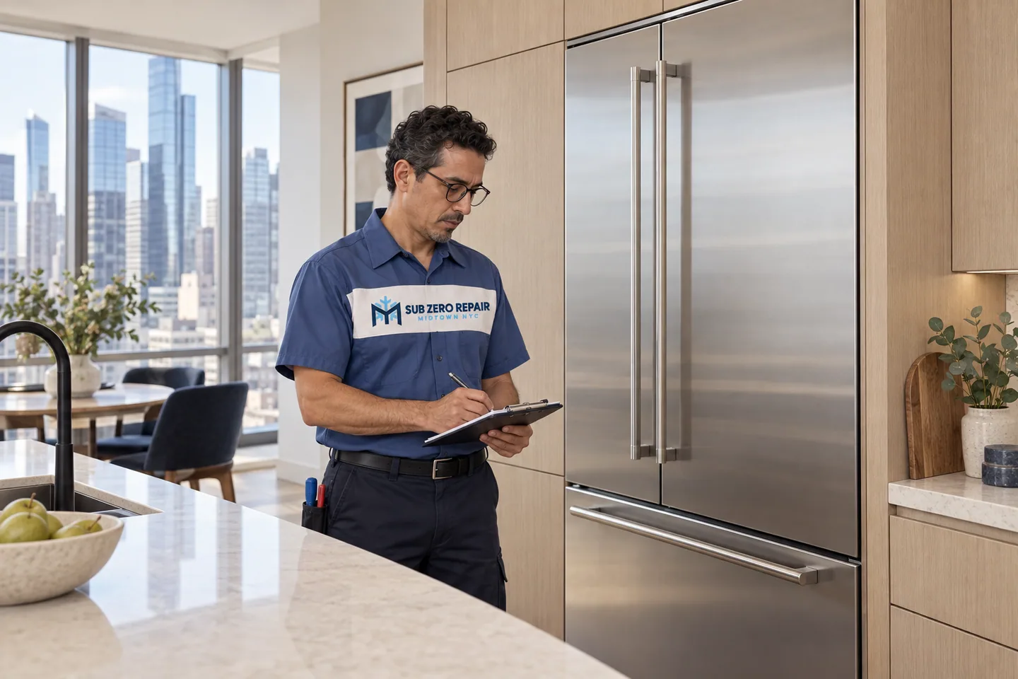 Illustration of a uniformed technician recording notes beside a built-in refrigerator.