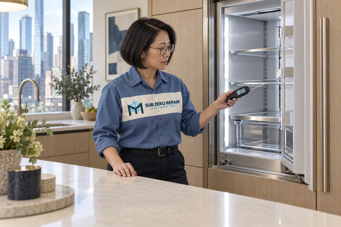 Illustration of a uniformed technician checking a refrigerator with a handheld thermometer.