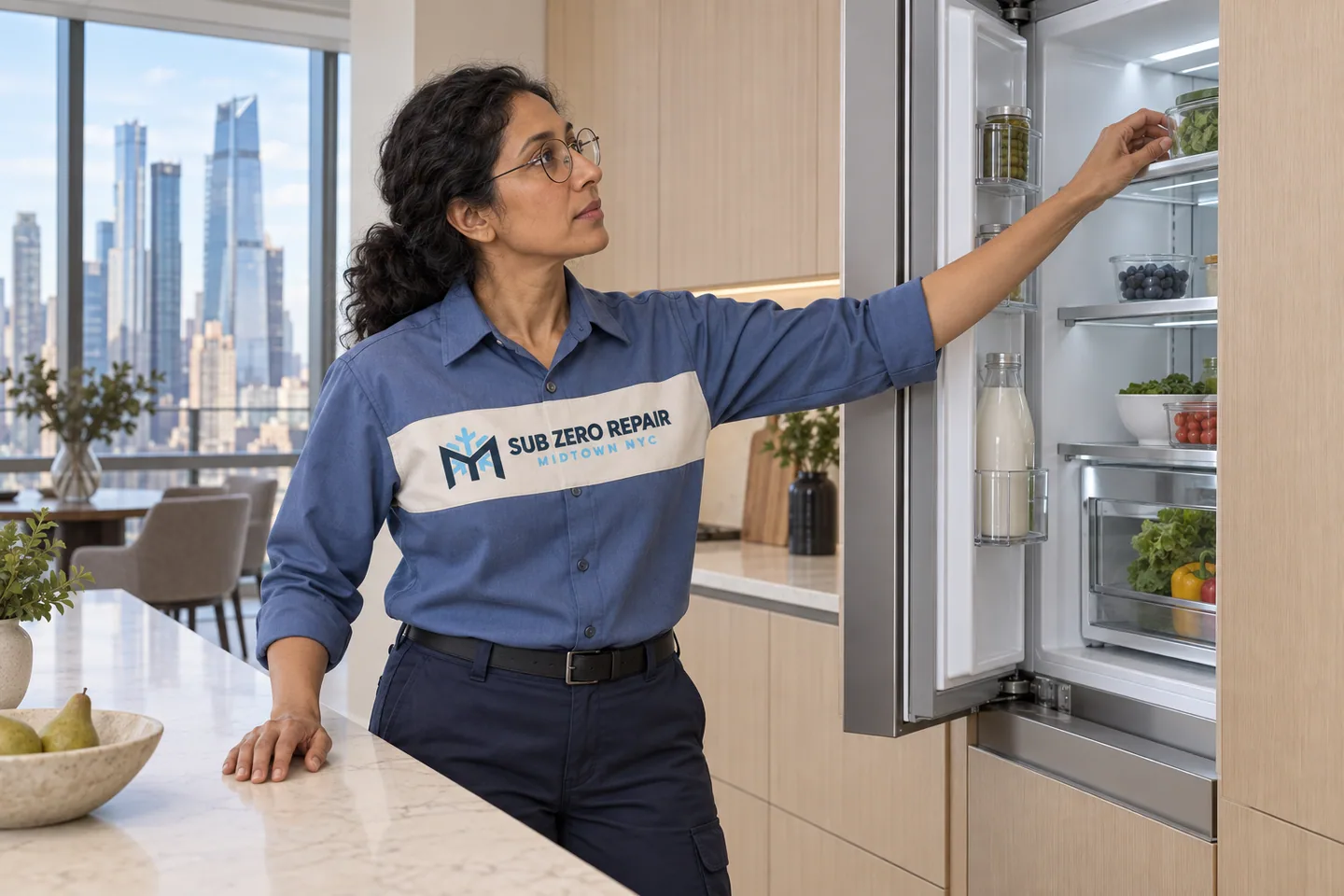 Illustration of a uniformed technician checking an upper refrigerator shelf.
