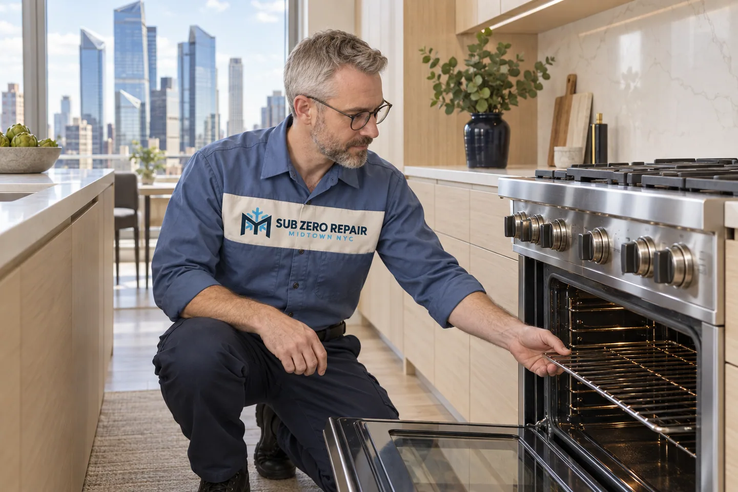 Illustration of a uniformed technician inspecting a rack in an open oven.