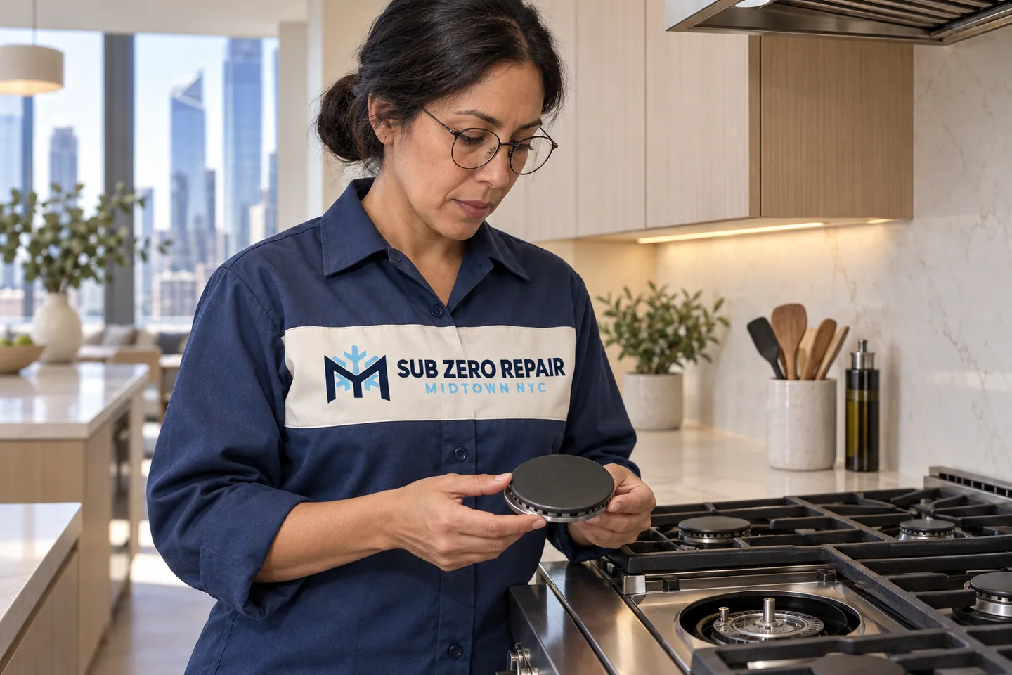 Illustration of a uniformed technician examining a removed burner cap beside a cool range.