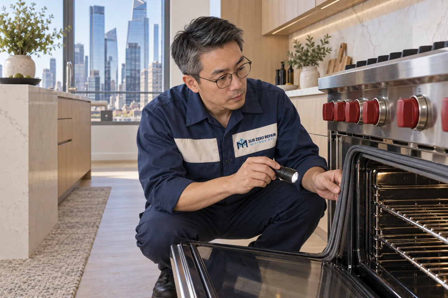 Illustration of a uniformed technician inspecting an open oven with a flashlight.