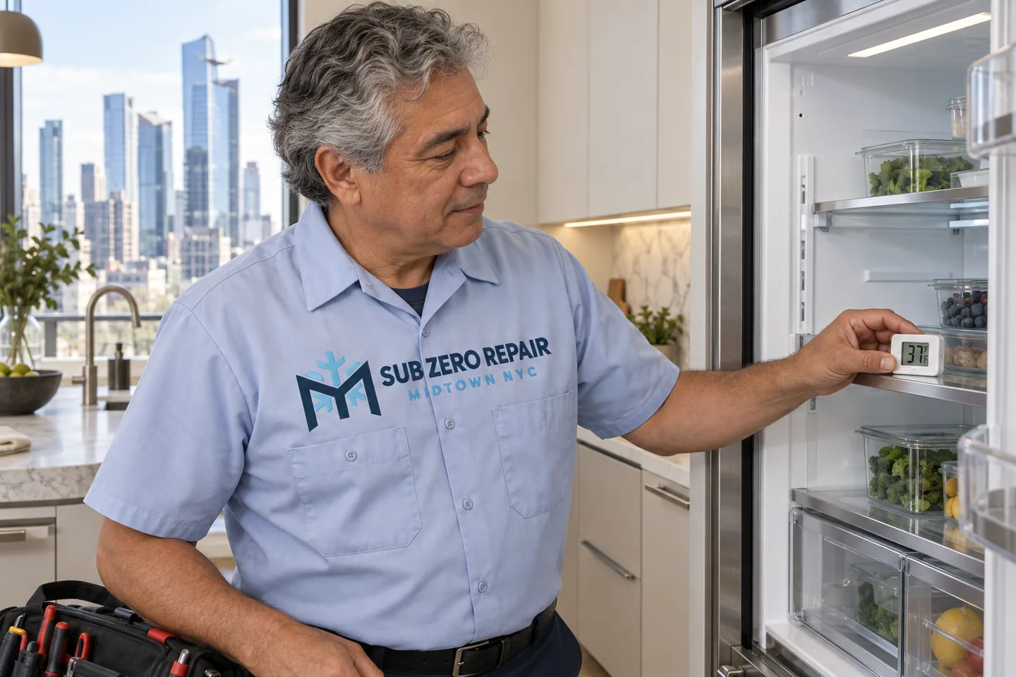 Illustrative technician in a Sub Zero Repair Midtown NYC logo uniform: Appliance Repair in Hudson Yards, Manhattan
