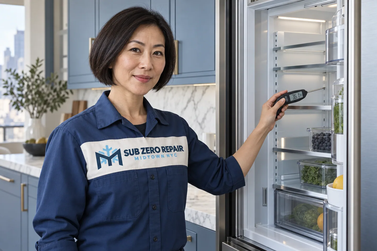 Illustration of a uniformed technician checking a refrigerator with a handheld thermometer.