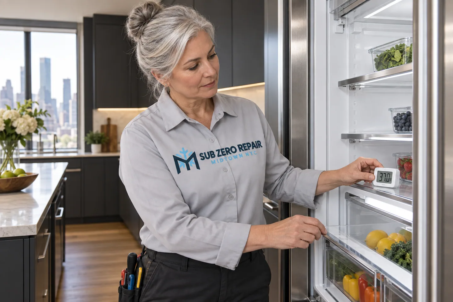 Illustrative technician in a Sub Zero Repair Midtown NYC logo uniform: Sub-Zero Repair in Kips Bay, Manhattan
