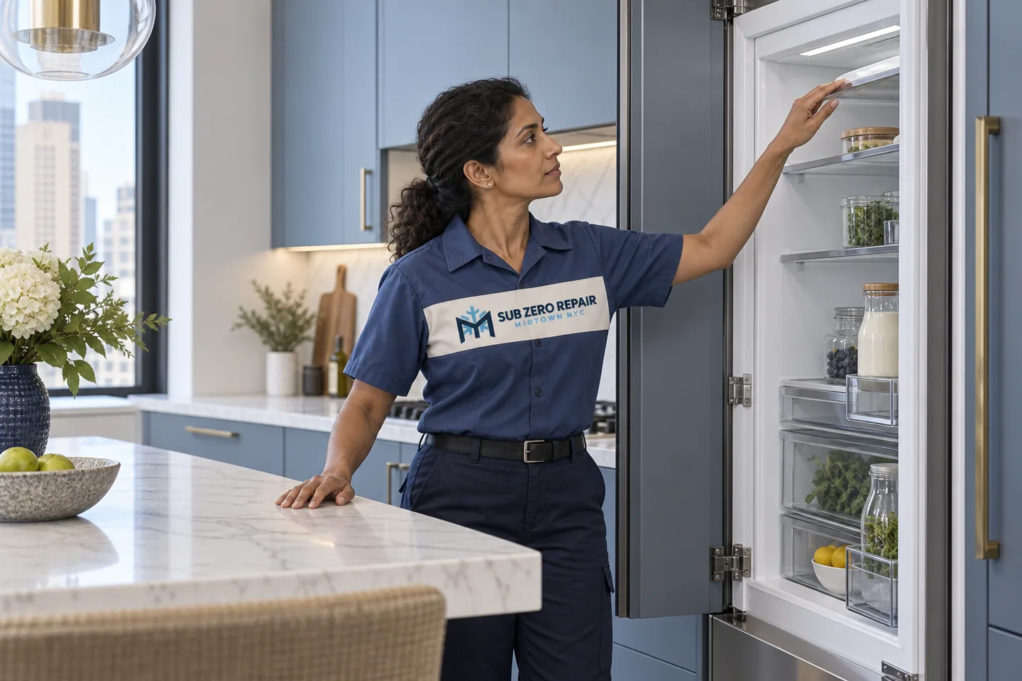 Illustration of a uniformed technician checking an upper refrigerator shelf.