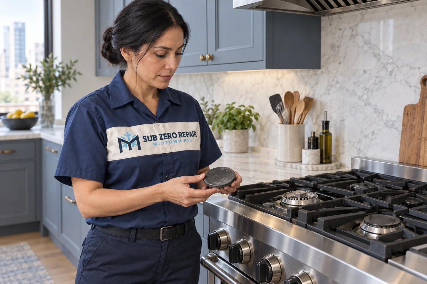 Illustration of a uniformed technician examining a removed burner cap beside a cool range.