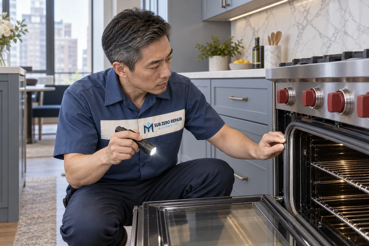 Illustration of a uniformed technician inspecting an open oven with a flashlight.