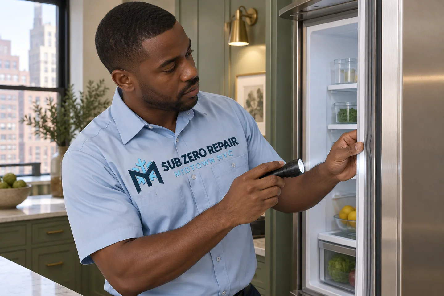 Illustrative technician in a Sub Zero Repair Midtown NYC logo uniform: Appliance Repair in Kips Bay, Manhattan