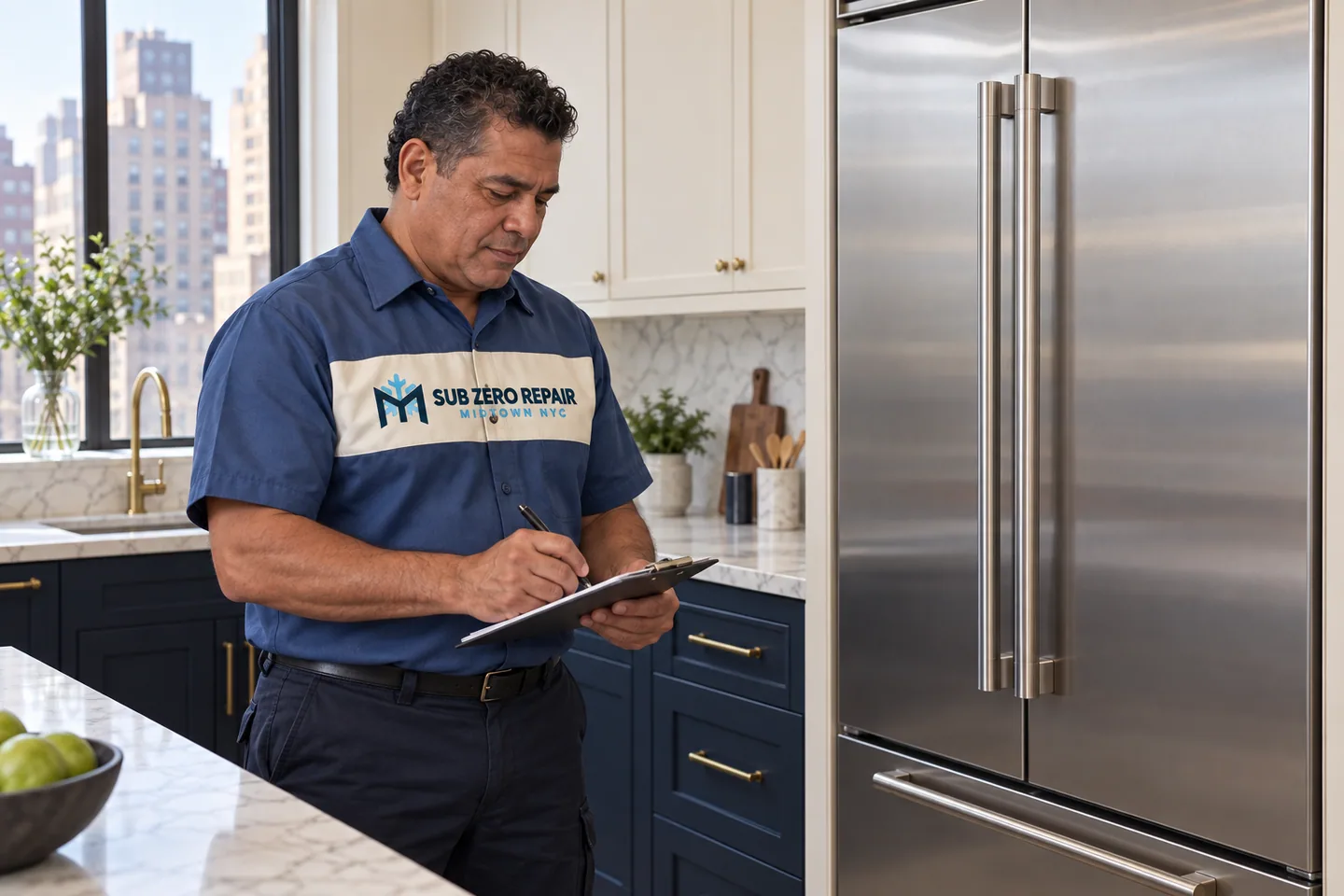 Illustration of a uniformed technician recording notes beside a built-in refrigerator.