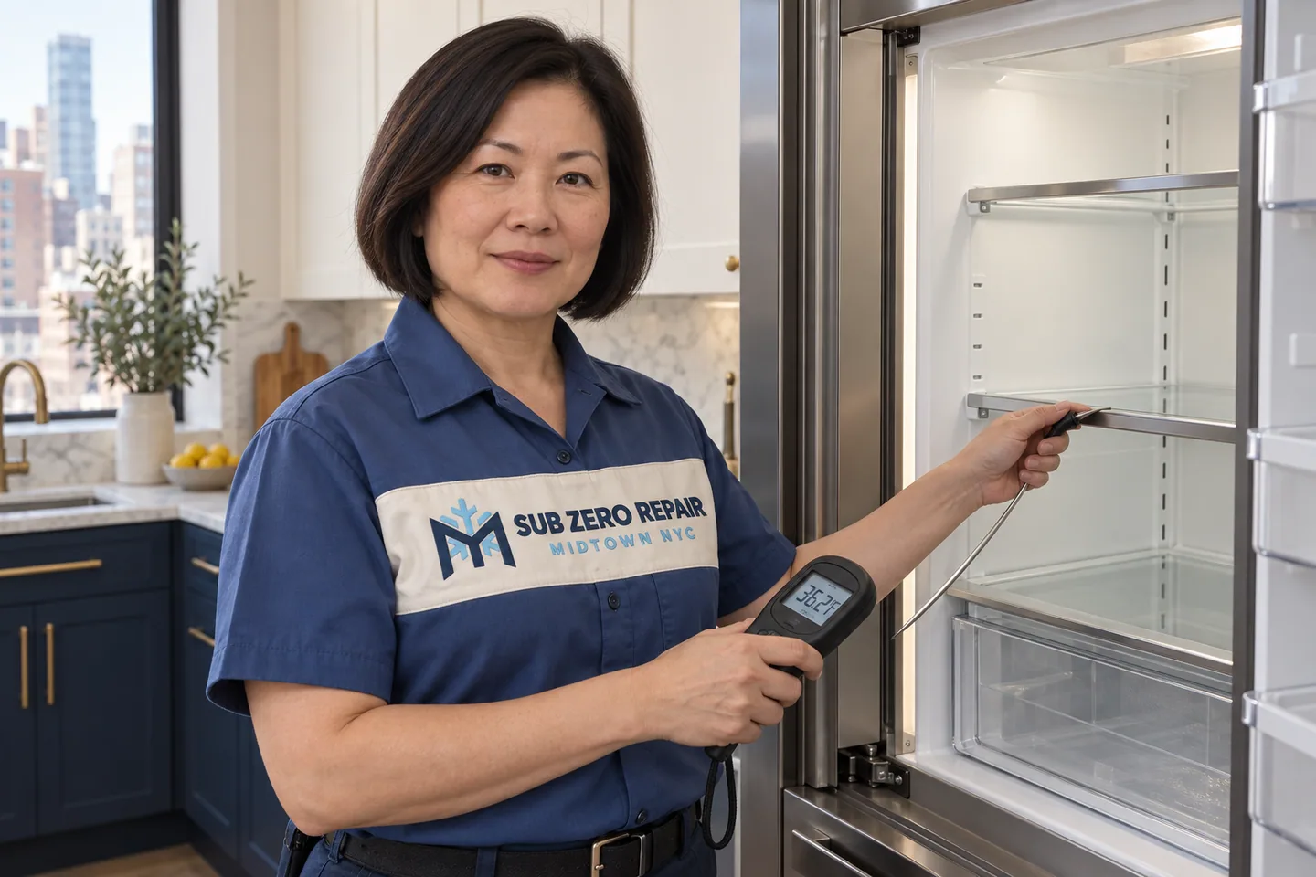 Illustration of a uniformed technician checking a refrigerator with a handheld thermometer.