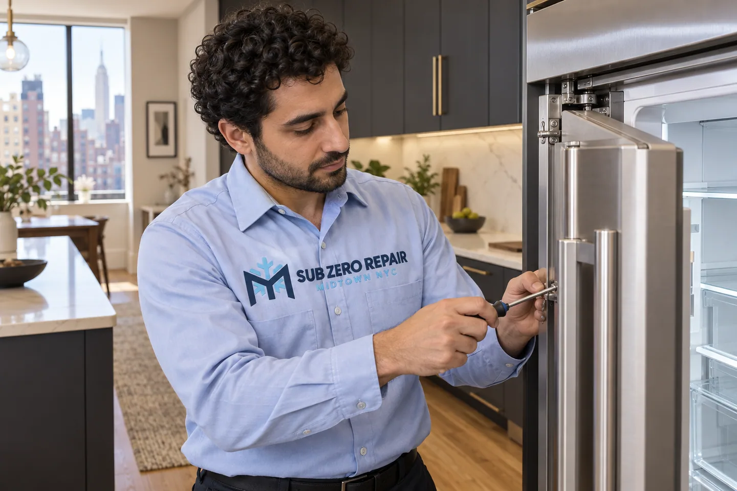 Illustrative technician in a Sub Zero Repair Midtown NYC logo uniform: Sub-Zero Repair in Murray Hill, Manhattan