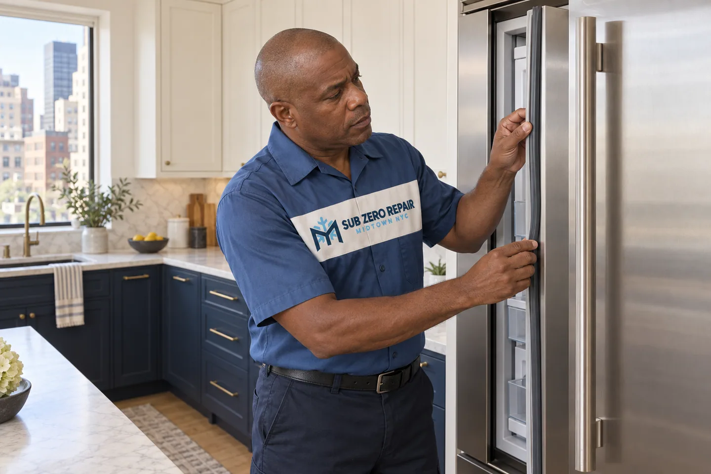 Illustration of a uniformed technician examining a refrigerator door seal.