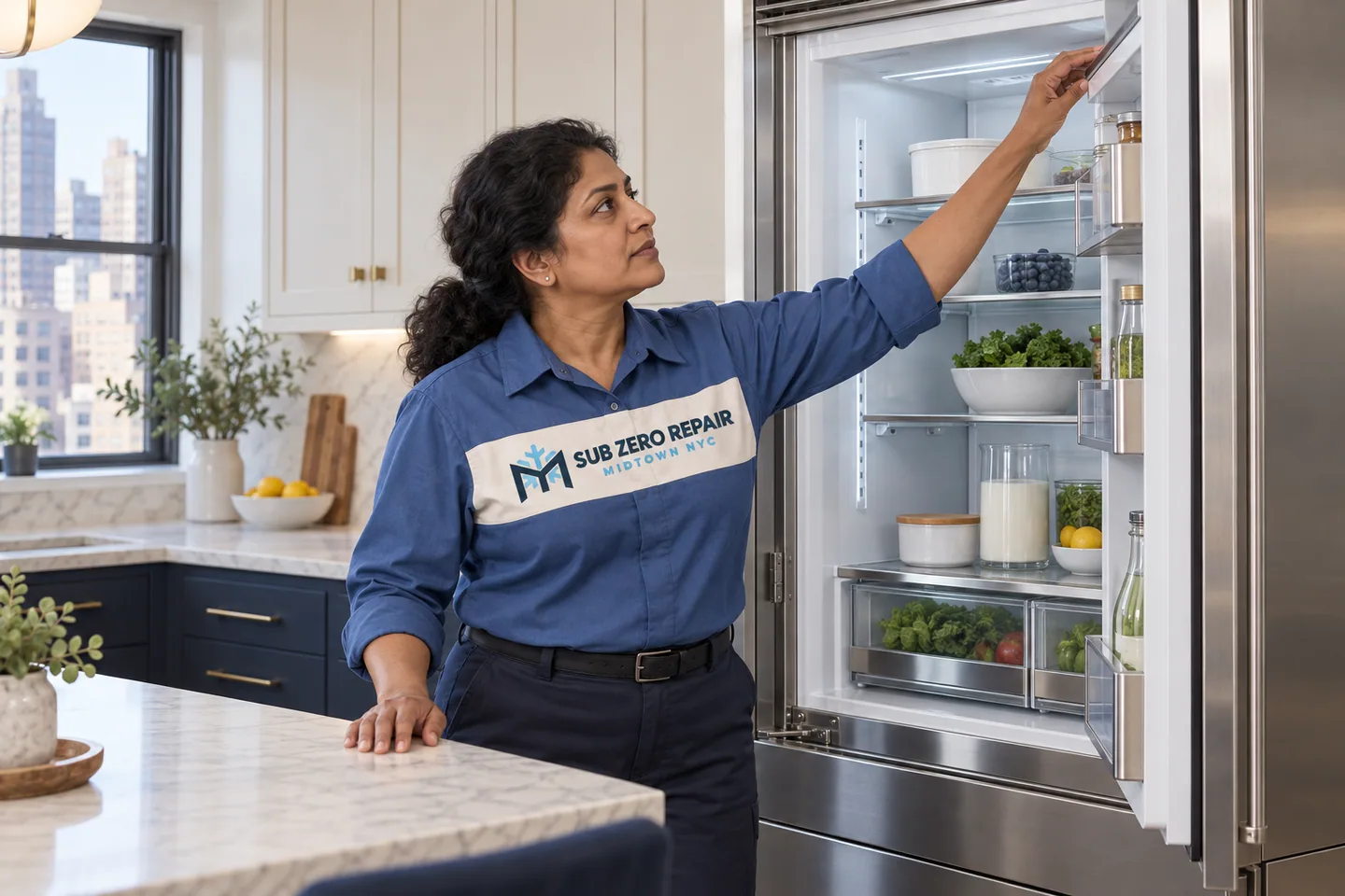 Illustration of a uniformed technician checking an upper refrigerator shelf.