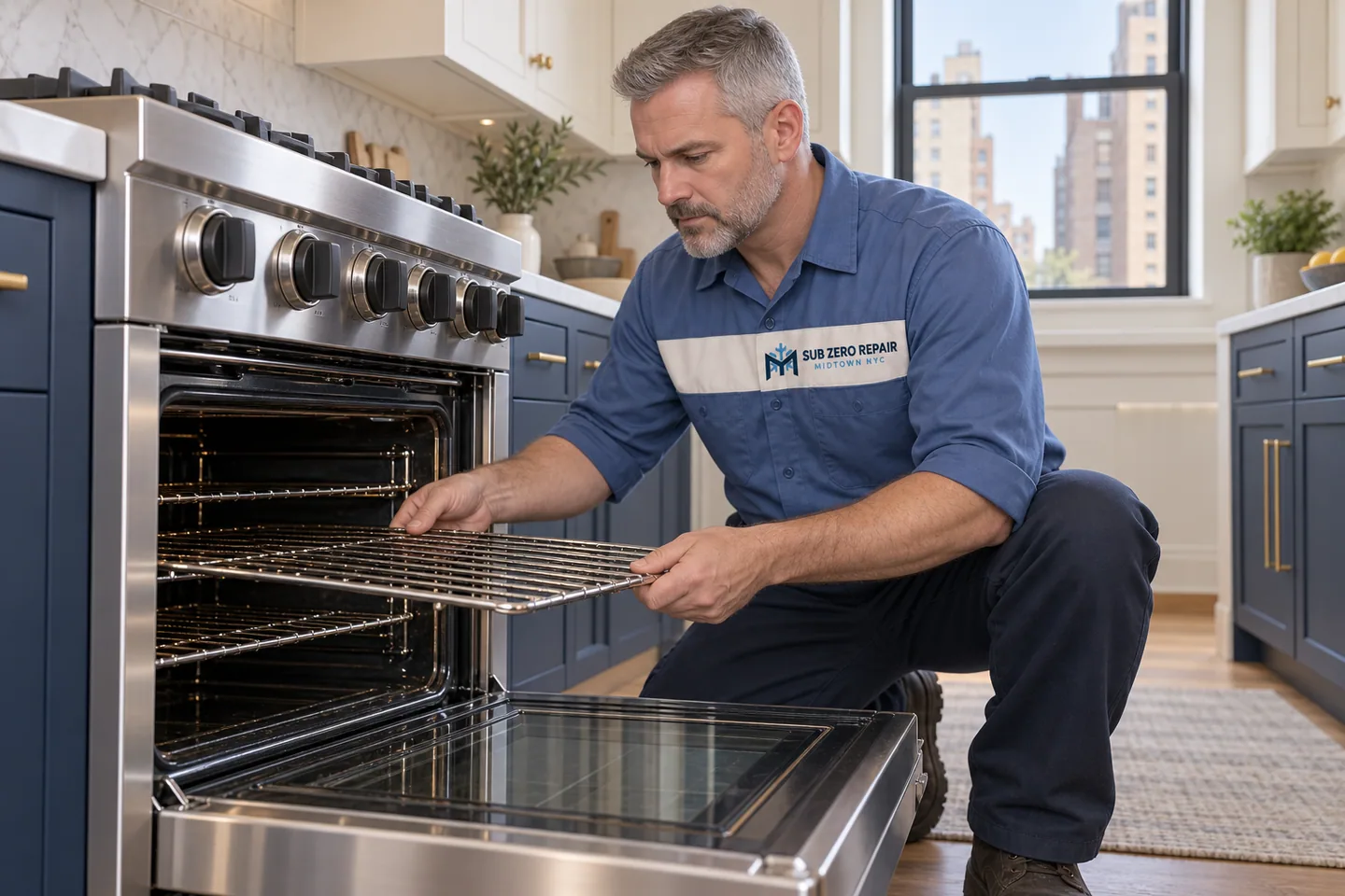 Illustration of a uniformed technician inspecting a rack in an open oven.