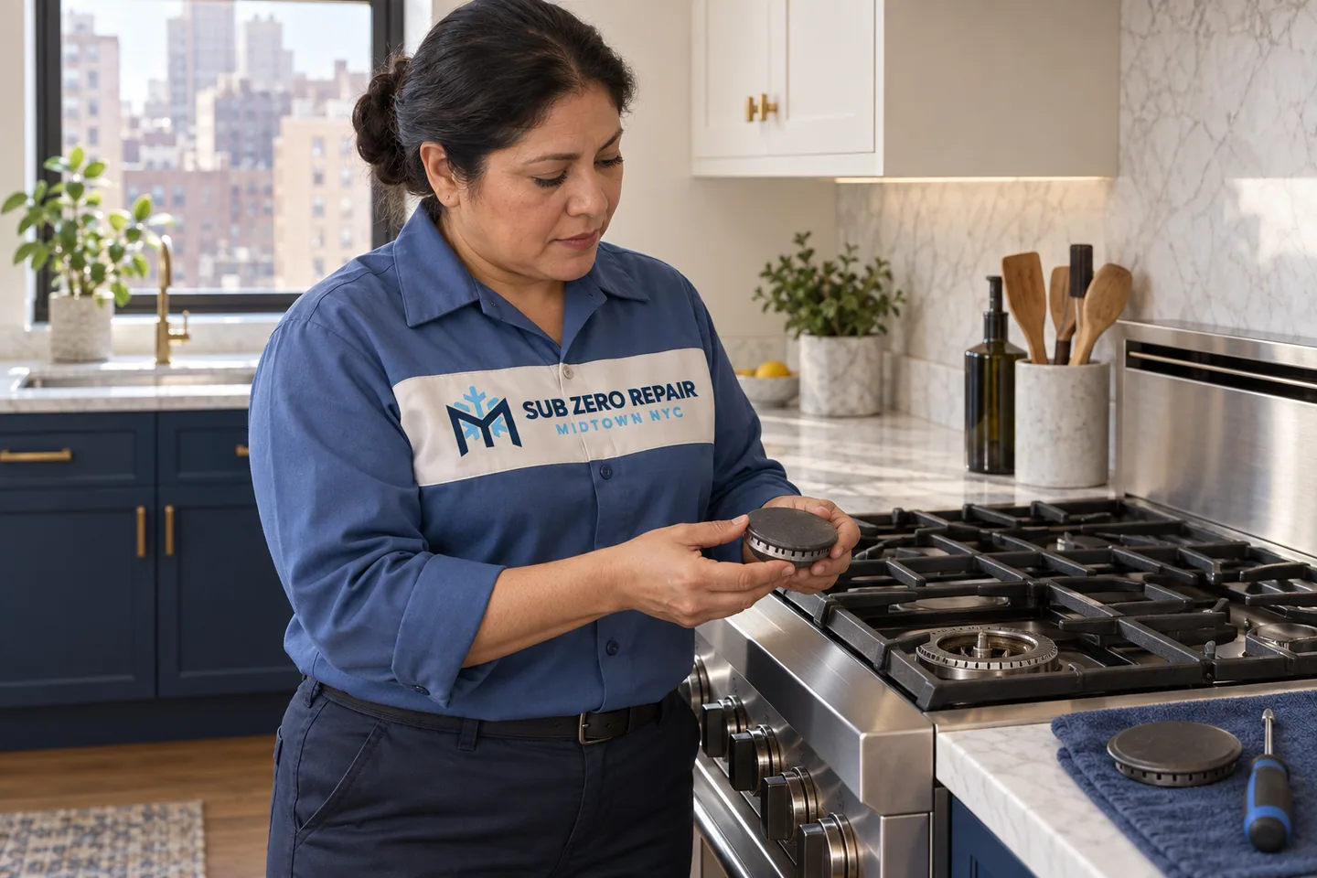 Illustration of a uniformed technician examining a removed burner cap beside a cool range.