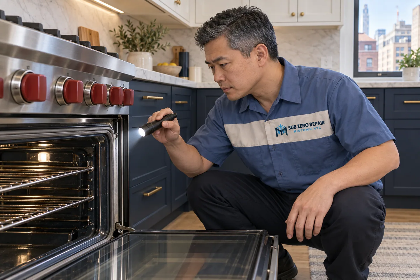 Illustration of a uniformed technician inspecting an open oven with a flashlight.