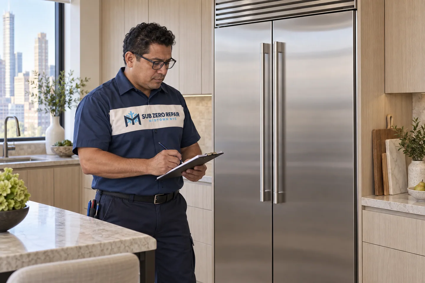 Illustration of a uniformed technician recording notes beside a built-in refrigerator.
