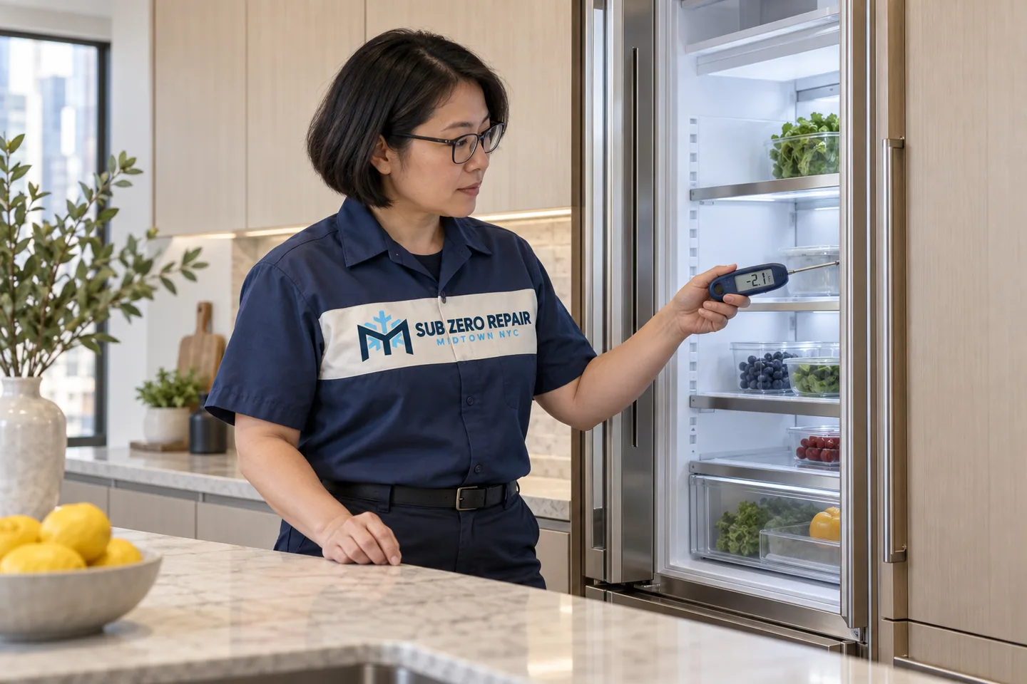 Illustration of a uniformed technician checking a refrigerator with a handheld thermometer.