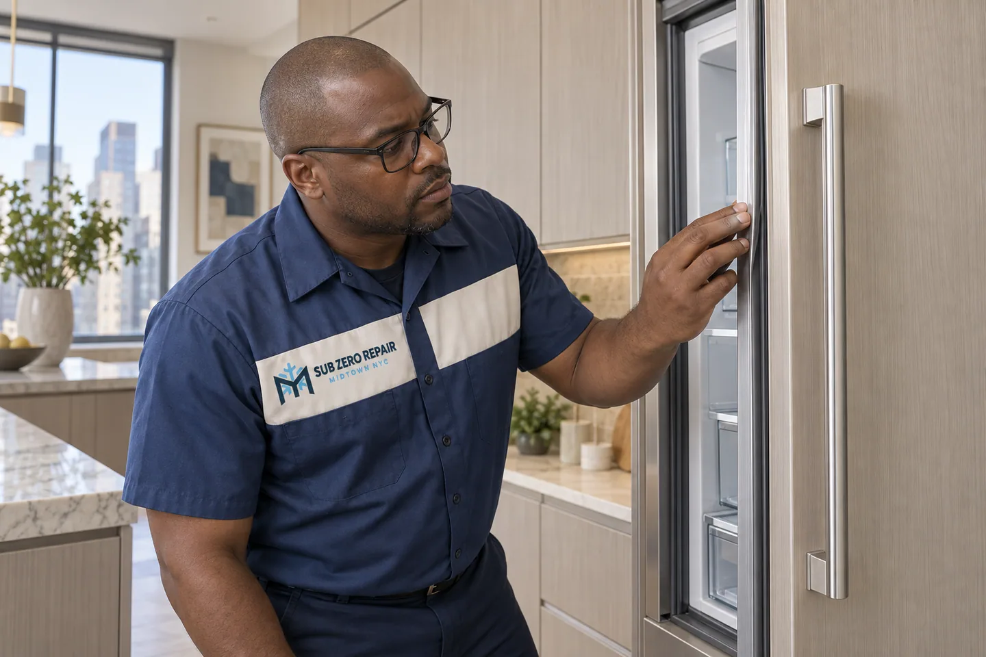 Illustration of a uniformed technician examining a refrigerator door seal.