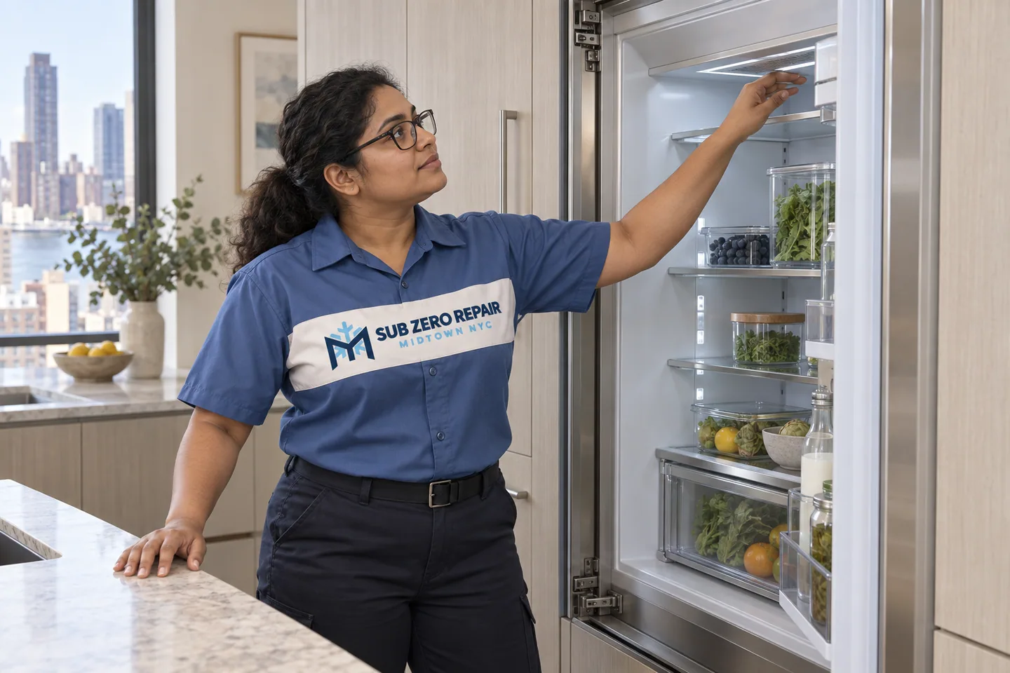 Illustration of a uniformed technician checking the upper compartment of a refrigerator.