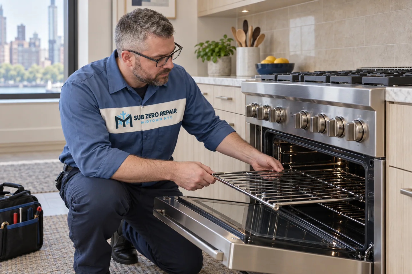 Illustration of a uniformed technician inspecting a rack in an open oven.