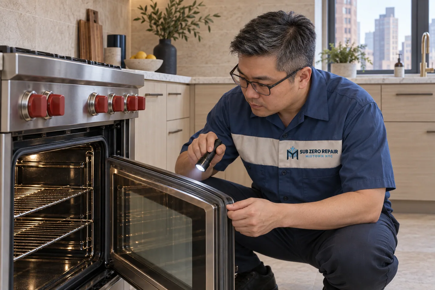 Illustration of a uniformed technician inspecting an open oven with a flashlight.