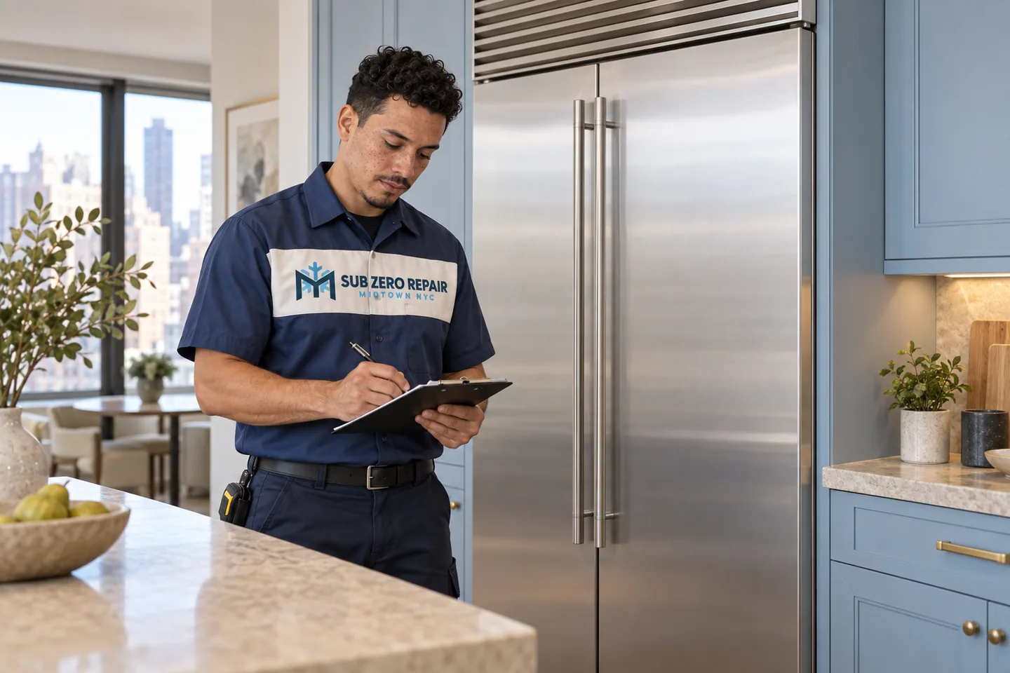 Illustration of a uniformed technician recording notes beside a built-in refrigerator.