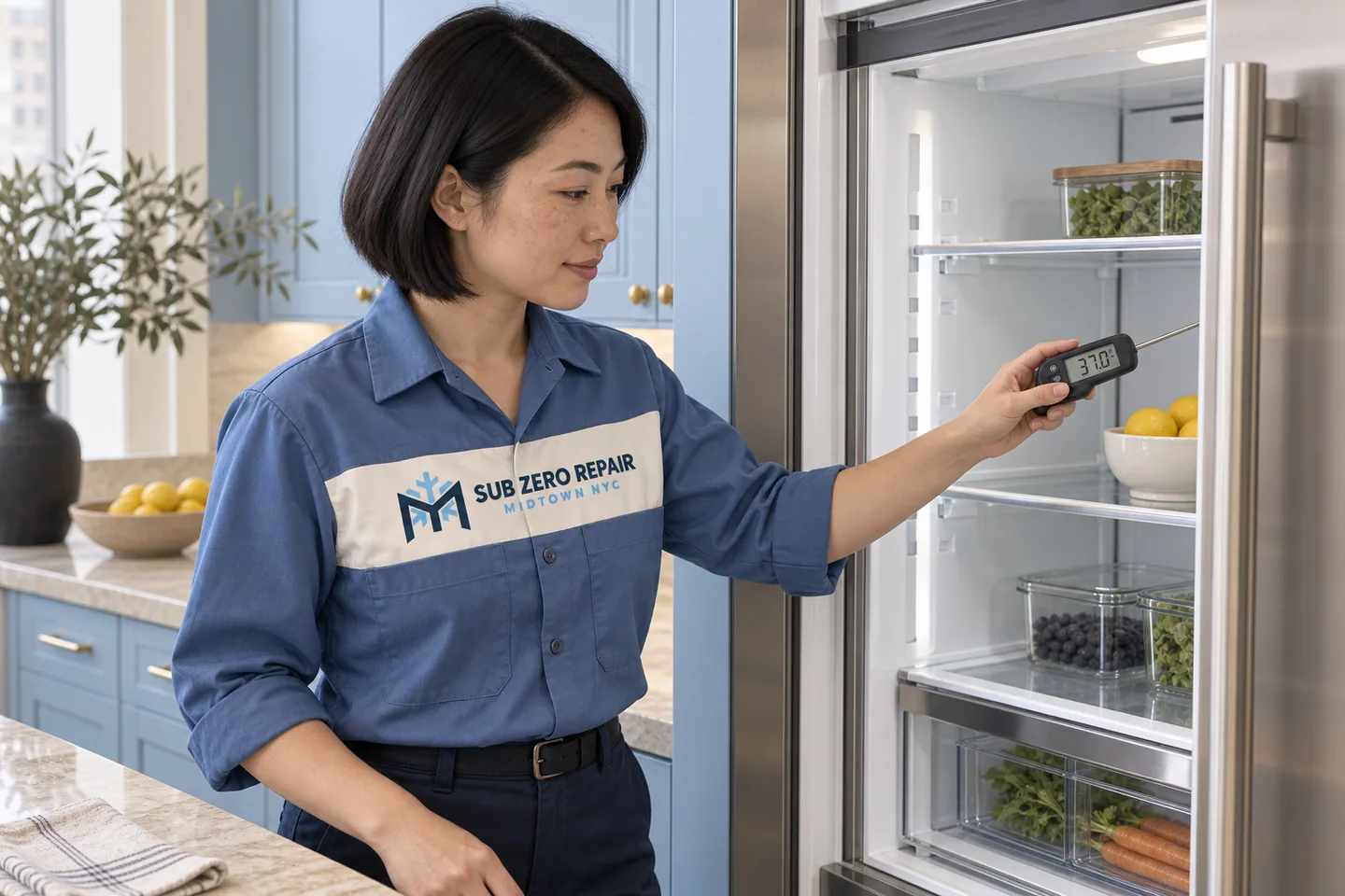 Illustration of a uniformed technician checking a refrigerator with a handheld thermometer.