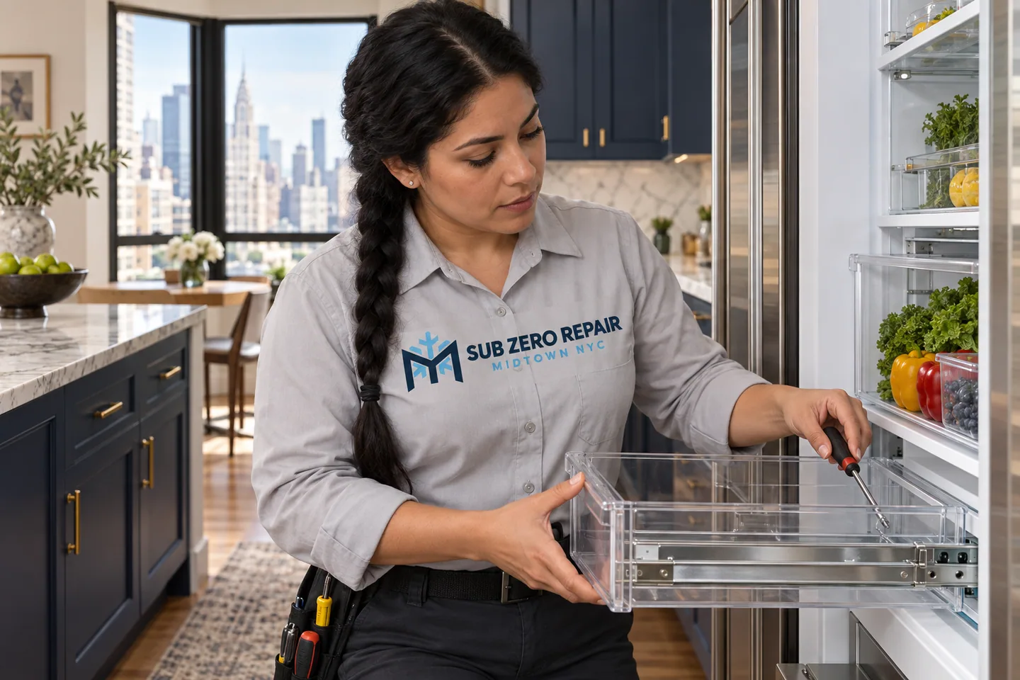 Illustrative technician in a Sub Zero Repair Midtown NYC logo uniform: Sub-Zero Repair in Turtle Bay, Manhattan