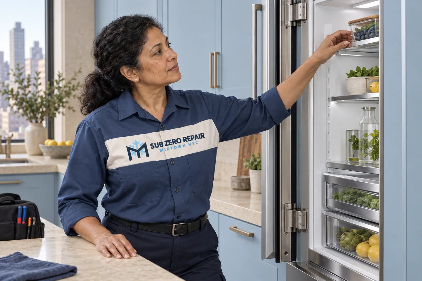 Illustration of a uniformed technician checking an upper refrigerator shelf.