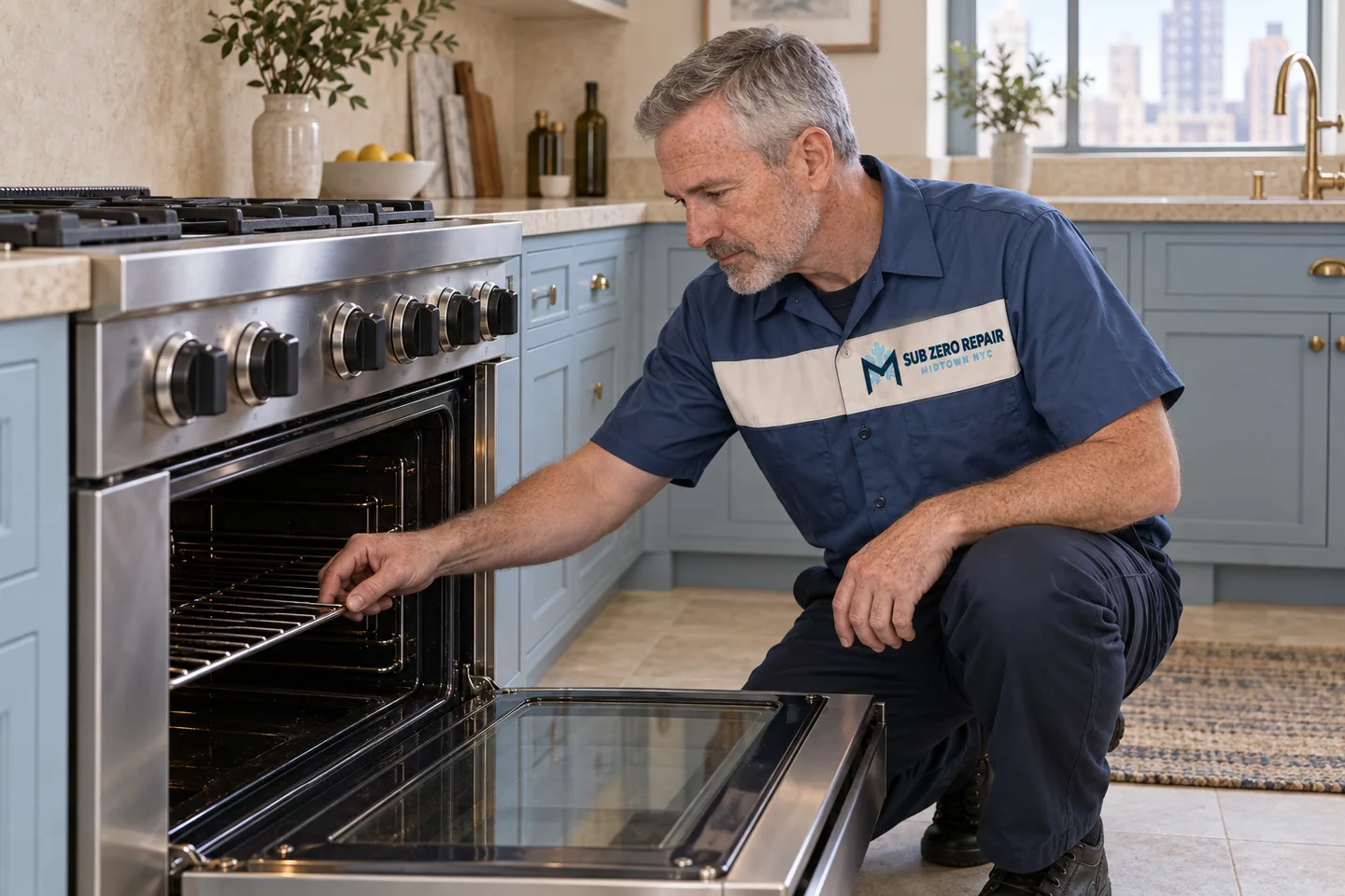 Illustration of a uniformed technician inspecting a rack in an open oven.