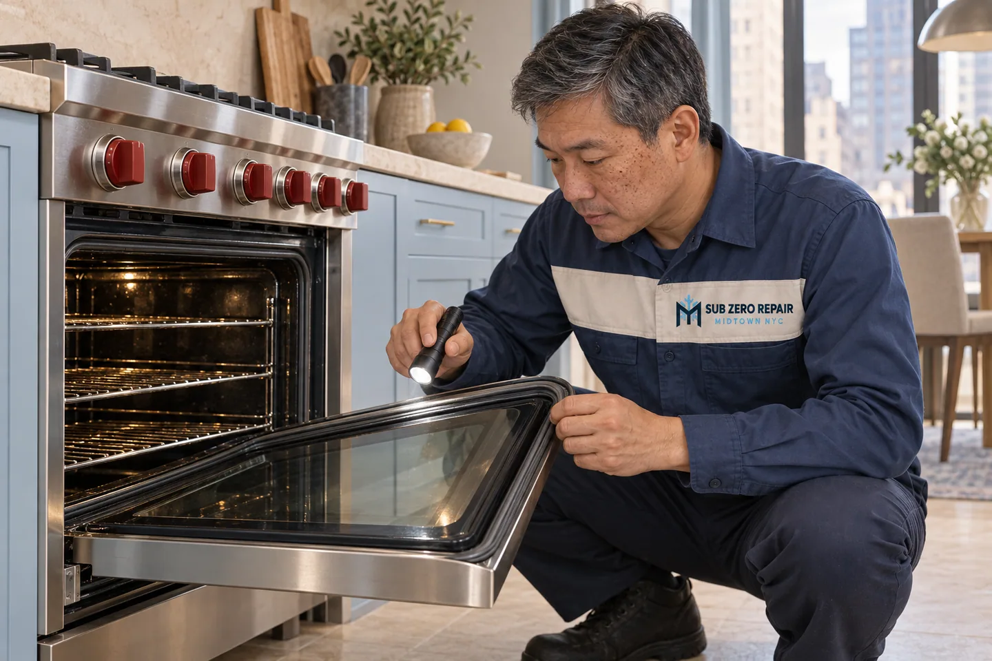Illustration of a uniformed technician inspecting an open oven with a flashlight.