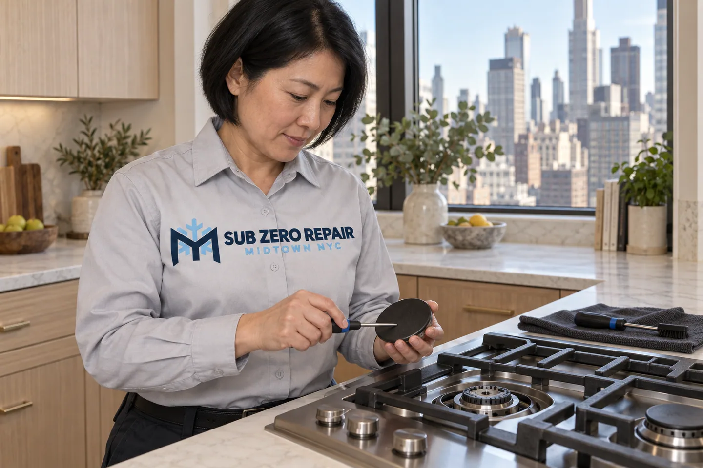 Illustrative technician in a Sub Zero Repair Midtown NYC logo uniform: Monogram Cooktop Repair in Midtown Manhattan