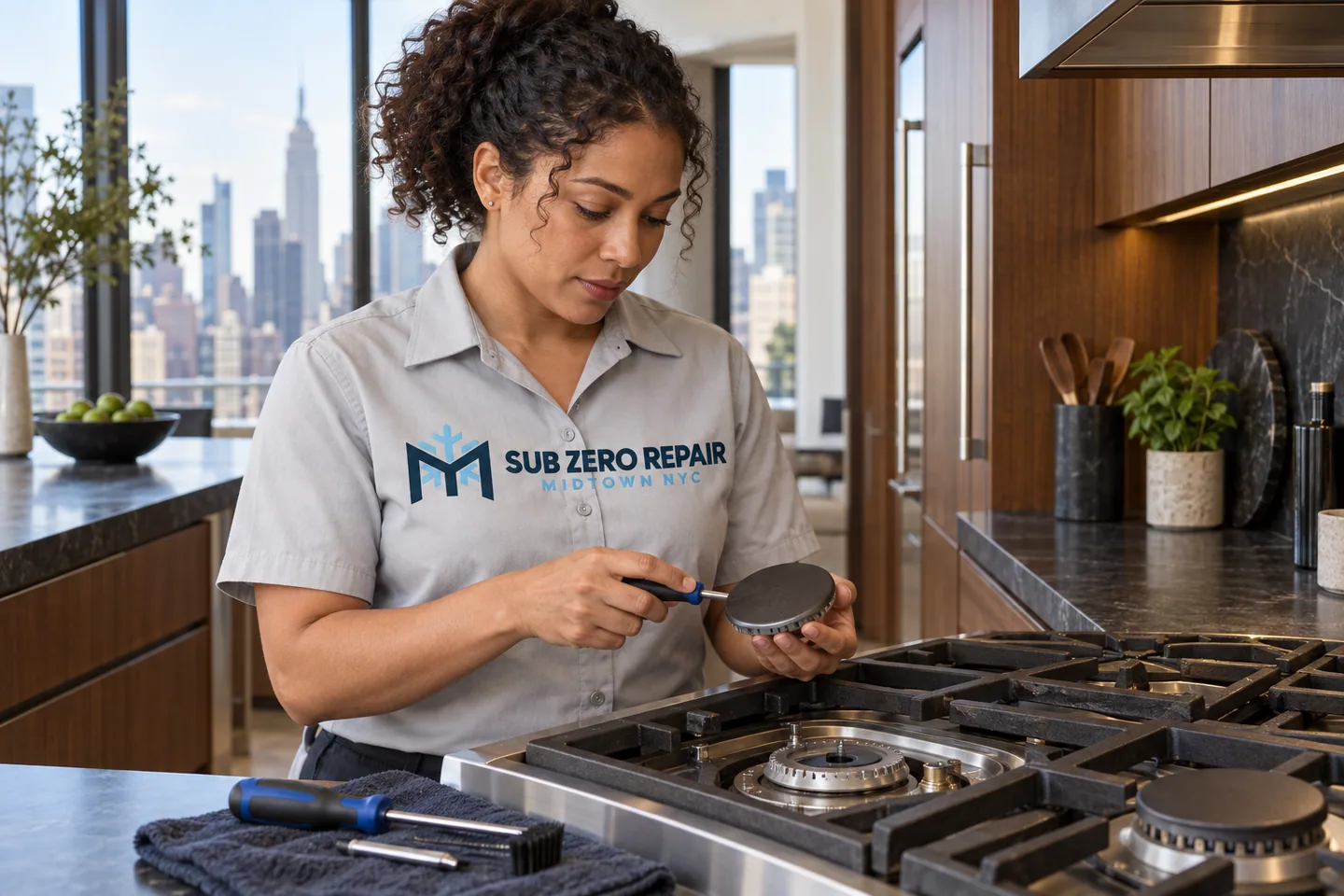 Illustrative technician in a Sub Zero Repair Midtown NYC logo uniform: Monogram Range Repair in Midtown Manhattan