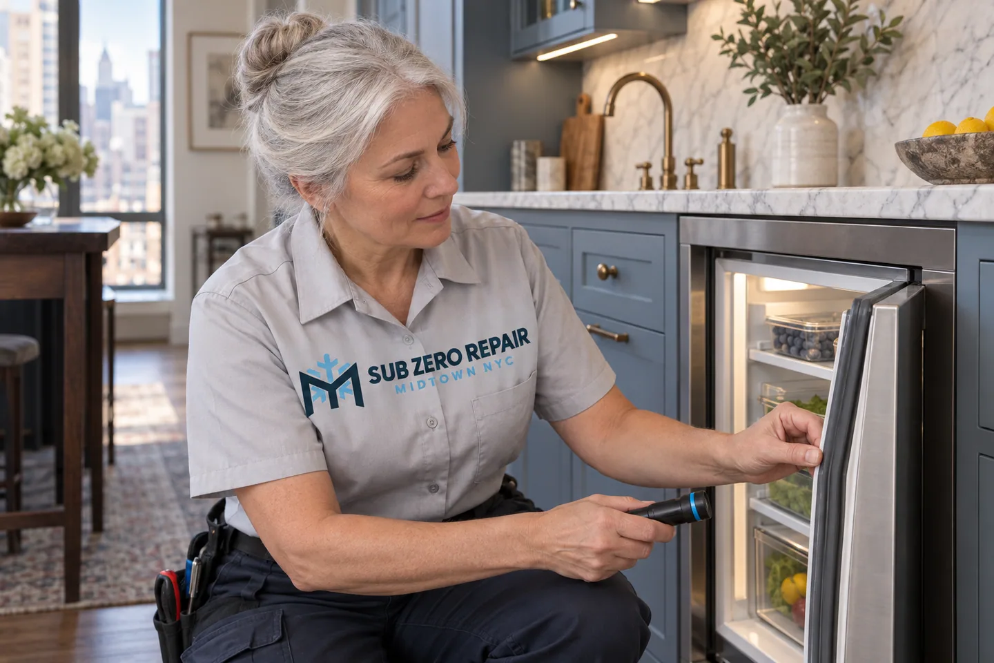 Illustrative technician in a Sub Zero Repair Midtown NYC logo uniform: Sub-Zero Undercounter Refrigerator Repair in Midtown Manhattan