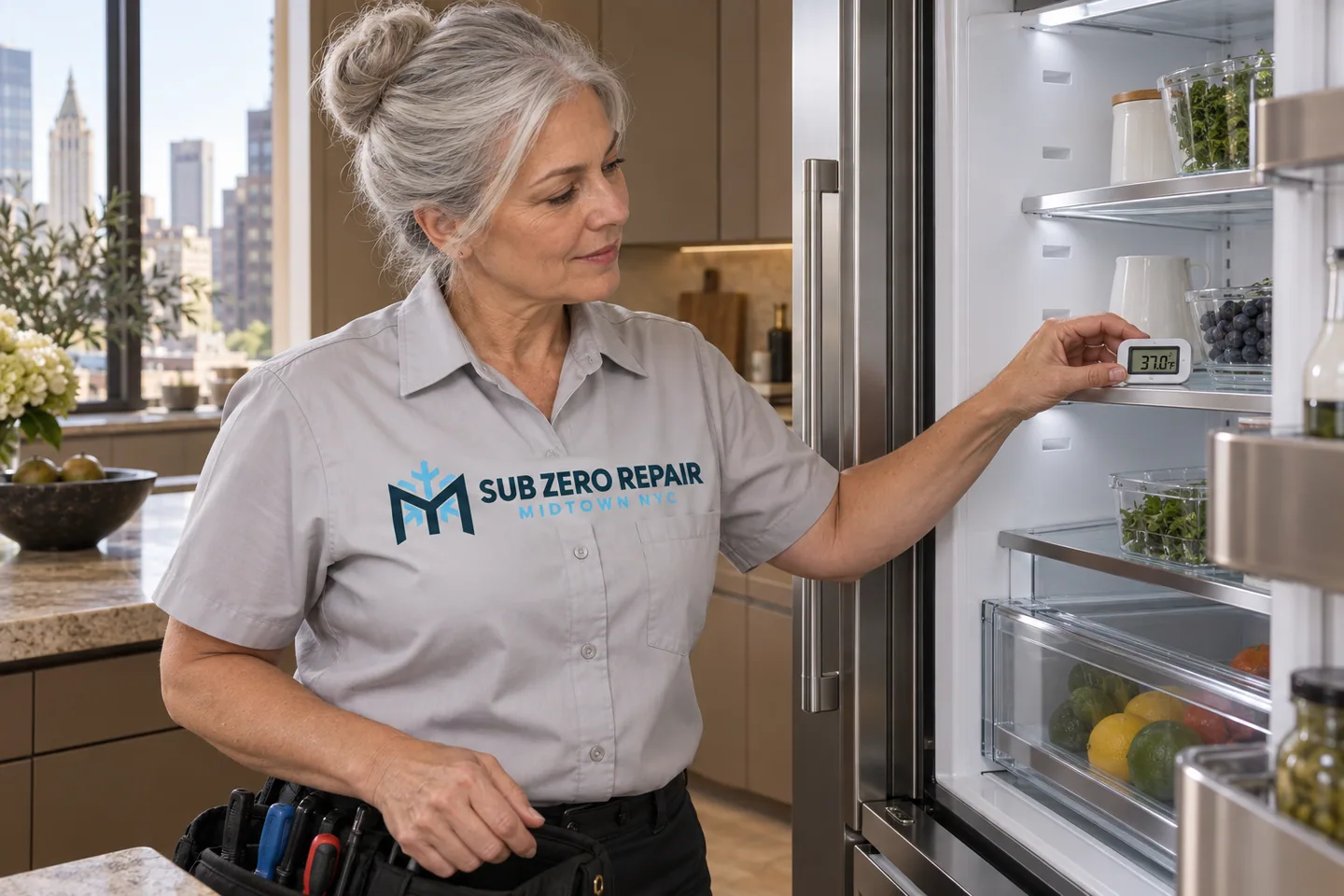 Illustrative technician in a Sub Zero Repair Midtown NYC logo uniform: Thermador Refrigerator Repair in Midtown Manhattan