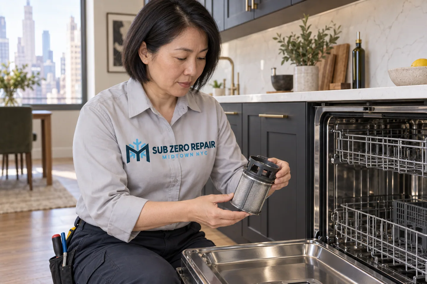 Illustrative technician in a Sub Zero Repair Midtown NYC logo uniform: Viking Dishwasher Repair in Midtown Manhattan